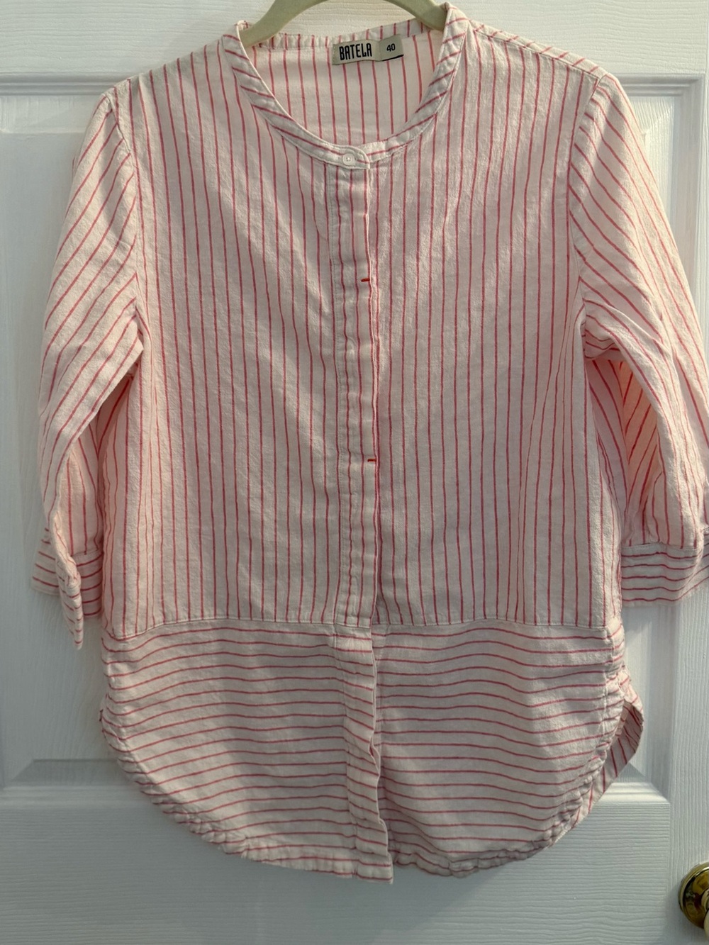 Barely Pink & White Linen/Cotton Blend Striped Button-Front Blouse
